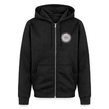 Manualschaltung Emblem Save the Manuals - Unisex Premium Bio Zip Hoodie - Schwarz - Vorne - Nico (187cm) & Julia (174cm)