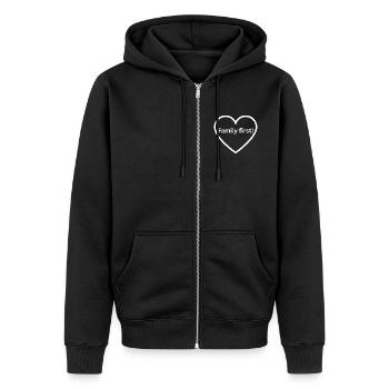 Family First! – Heart - Unisex Premium Organic Zip Hoodie - black - Front - Nico (187cm) & Julia (174cm)