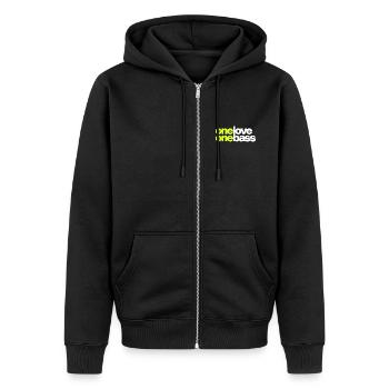 One Love One Bass - Unisex Premium Bio Zip Hoodie - Schwarz - Vorne - Nico (187cm) & Julia (174cm)