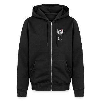 Skeleton in love with wings and hearts in pocket - Unisex Premium Organic Zip Hoodie - black - Front - Nico (187cm) & Julia (174cm)