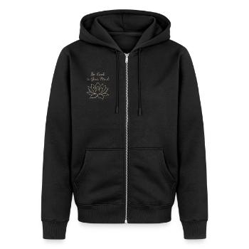 Soyez indulgent envers votre – Self-Care Design - Veste à capuche bio Premium Unisexe - noir - Devant - Nico (187cm) & Julia (174cm)