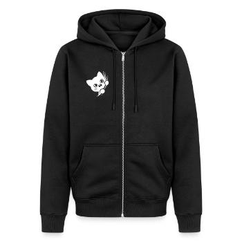 Chat perplexe derrière le rideau - Veste à capuche bio Premium Unisexe - noir - Devant - Nico (187cm) & Julia (174cm)