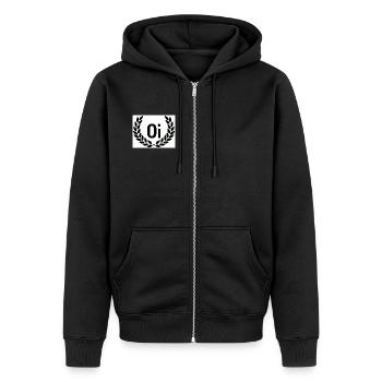 Oi Emblem mit Lorbeerkranz - Unisex Premium Bio Zip Hoodie - Schwarz - Vorne - Nico (187cm) & Julia (174cm)