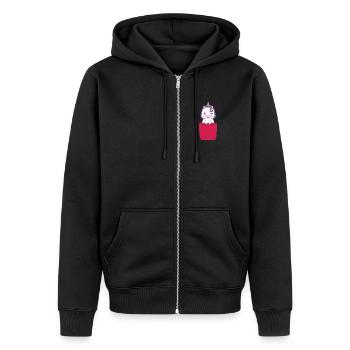 Süßes Einhorn in Brusttasche Lustig Unicorn - Unisex Premium Bio Zip Hoodie - Schwarz - Vorne - Nico (187cm) & Julia (174cm)