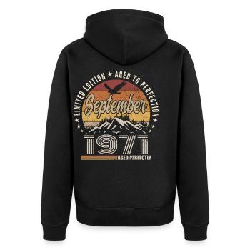 Né en Septembre 1971 - Anniversaire Septembre 1971 - Veste à capuche bio Premium Unisexe - noir - Dos - Nico (187cm)