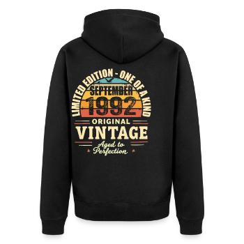 September 1992 Geschenk 1992 Jahrgang September 1992 - Unisex Premium Bio Zip Hoodie - Schwarz - Hinten - Nico (187cm)