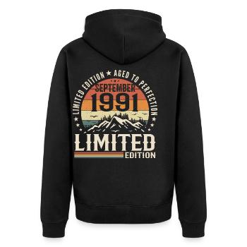 September 1991, September 1991 Geburtstagsgeschenk - Unisex Premium Bio Zip Hoodie - Schwarz - Hinten - Nico (187cm)
