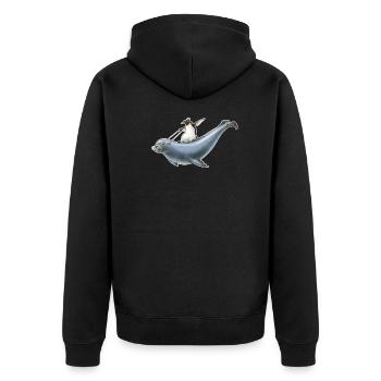 shirt motiv pinguin seelöwe surfen nordic surfing - Unisex Premium Bio Zip Hoodie - Schwarz - Hinten - Nico (187cm)