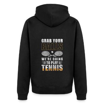 Tennis Hobby Sieger Tennisplatzl - Unisex Premium Bio Zip Hoodie - Schwarz - Hinten - Nico (187cm)
