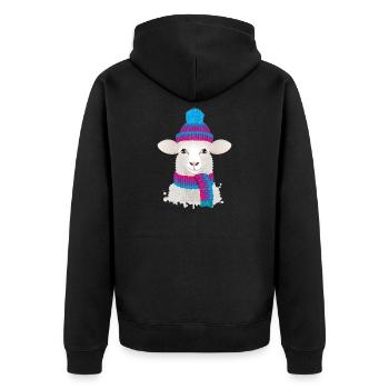 weißes Schaf mit bunter Pudelmütze & Strick Schal - Unisex Premium Bio Zip Hoodie - Schwarz - Hinten - Nico (187cm)
