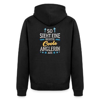 So sieht eine richtig coole Anglerin aus Fischerin - Unisex Premium Bio Zip Hoodie - Schwarz - Hinten - Nico (187cm)