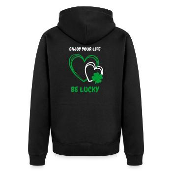 Enjoy Life & be lucky – Herz mit Kleeblatt - Unisex Premium Bio Zip Hoodie - Schwarz - Hinten - Nico (187cm)