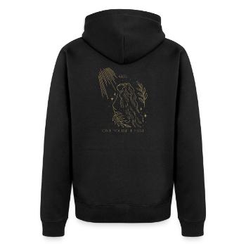 Gold Fine Line Woman Sun 666 – Love Yourself First - Unisex Premium Bio Zip Hoodie - Schwarz - Hinten - Nico (187cm)