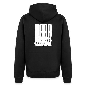 Logo jazz ondulé audacieux - Veste à capuche bio Premium Unisexe - noir - Dos - Nico (187cm)