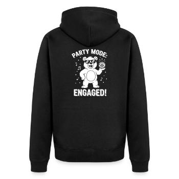Partymodus Bär: Engaged! - Unisex Premium Bio Zip Hoodie - Schwarz - Hinten - Nico (187cm)