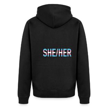 She Her Pronomen Transgender LGBTQ Transsexuell - Unisex Premium Bio Zip Hoodie - Schwarz - Hinten - Nico (187cm)