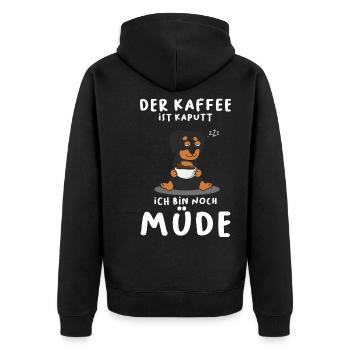 Der Kaffee Ist Kaputt Ich Bin Noch Müde Dackel - Unisex Premium Bio Zip Hoodie - Schwarz - Hinten - Nico (187cm)