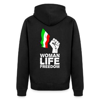 Woman, Life, Freedom | Free Iran! | Mit Flagge - Unisex Premium Bio Zip Hoodie - Schwarz - Hinten - Nico (187cm)