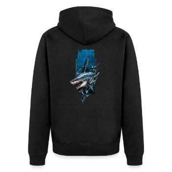 Grimmiges Hai-Design: Tiefblauer Räuber - Unisex Premium Bio Zip Hoodie - Schwarz - Hinten - Nico (187cm)