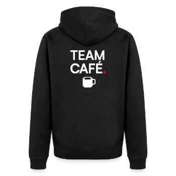 EAM CAFÉ | Minimaler Kaffeehumor - Unisex Premium Bio Zip Hoodie - Schwarz - Hinten - Nico (187cm)