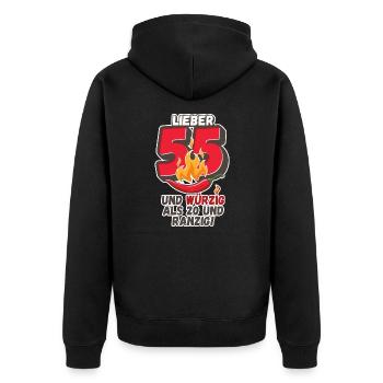 Lieber 55 und würzig als 20 und ranzig! - Unisex Premium Bio Zip Hoodie - Schwarz - Hinten - Nico (187cm)