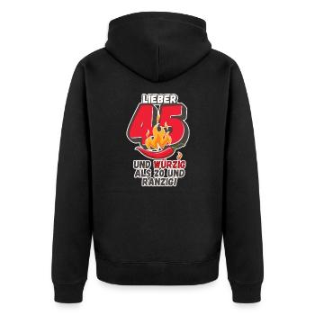 Lieber 45 und würzig als 20 und ranzig! - Unisex Premium Bio Zip Hoodie - Schwarz - Hinten - Nico (187cm)
