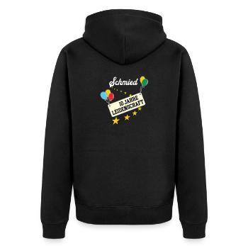 Schmied 10 jähriges Jubiläum 10. Jahre Schmiede - Unisex Premium Bio Zip Hoodie - Schwarz - Hinten - Nico (187cm)