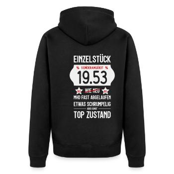 73. GEBURTSTAG 1953 EINZELSTÜCK PREISSCHILD - Unisex Premium Bio Zip Hoodie - Schwarz - Hinten - Nico (187cm)