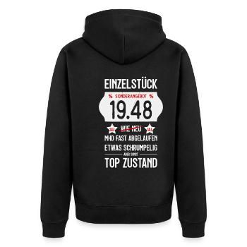 78. GEBURTSTAG 1948 EINZELSTÜCK PREISSCHILD - Unisex Premium Bio Zip Hoodie - Schwarz - Hinten - Nico (187cm)