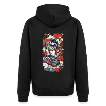 Japanischer Koi Kunststil Japan Wave Retro Stil - Unisex Premium Bio Zip Hoodie - Schwarz - Hinten - Nico (187cm)