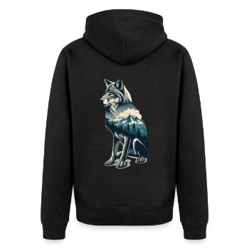 Im Einklang mit der Natur: Der Wolf des Berges - Unisex Premium Bio Zip Hoodie - Schwarz - Hinten - Nico (187cm)