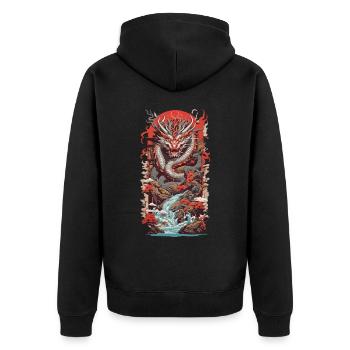 Asiatischer Drache Ukiyo-E Drachen Kunst Design - Unisex Premium Bio Zip Hoodie - Schwarz - Hinten - Nico (187cm)