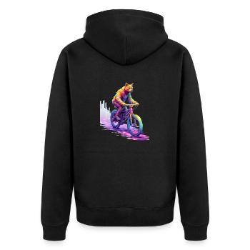Katze auf Fahrrad, Pixel Art, by NeonCat - Unisex Premium Bio Zip Hoodie - Schwarz - Hinten - Nico (187cm)