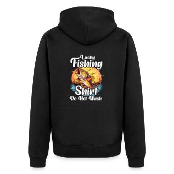 Lucky Fishing Shirt Do not Wash - Unisex Premium Bio Zip Hoodie - Schwarz - Hinten - Nico (187cm)