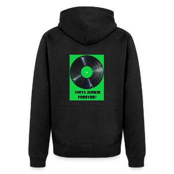 Vinyl Junkie forever - grün - Unisex Premium Bio Zip Hoodie - Schwarz - Hinten - Nico (187cm)