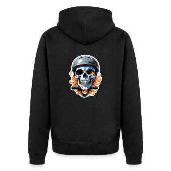 Motorrad im Retro-Stil - Totenkopf und Skelett - Unisex Premium Bio Zip Hoodie - Schwarz - Hinten - Nico (187cm)