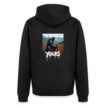 THE WORLD IS YOURS x FALLEN KNIGHT - Unisex Premium Bio Zip Hoodie - Schwarz - Hinten - Nico (187cm)