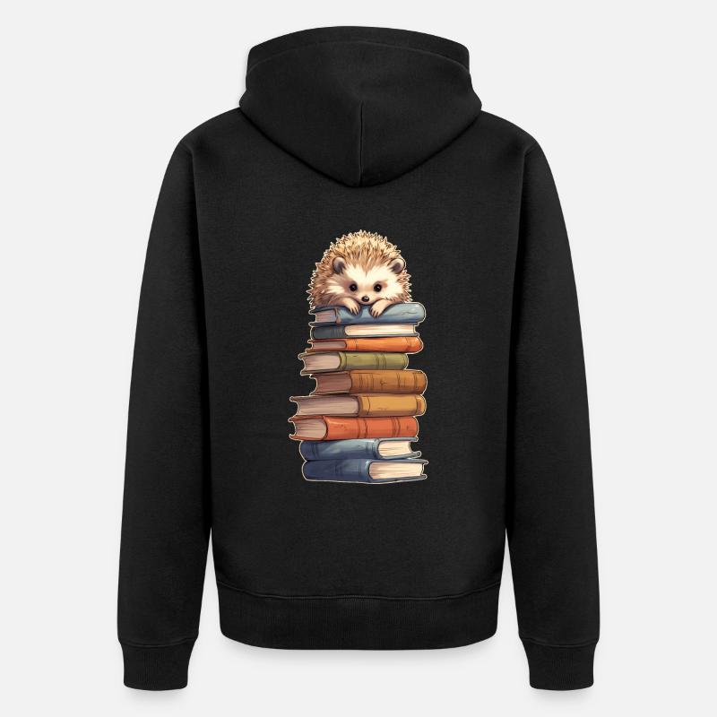 Igel auf Bücherstapel - Unisex Premium Bio Zip Hoodie - Schwarz