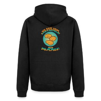 ICH ESSE KEINE KARTOFFELN....NUR POMMES! - Unisex Premium Bio Zip Hoodie - Schwarz - Hinten - Nico (187cm)