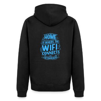 Zu Hause verbindet sich WIFI automatisch - Unisex Premium Bio Zip Hoodie - Schwarz - Hinten - Nico (187cm)