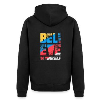 Glaube an dich selbst - Unisex Premium Bio Zip Hoodie - Schwarz - Hinten - Nico (187cm)