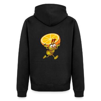 Gelbe Ameise mit einer gespaltenen Orange - Unisex Premium Bio Zip Hoodie - Schwarz - Hinten - Nico (187cm)