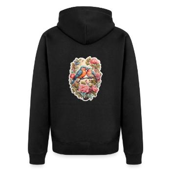 Zwei Turteltauben sitzen auf einem herzförmigen As - Unisex Premium Bio Zip Hoodie - Schwarz - Hinten - Nico (187cm)