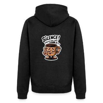 Sei still! Zuerst mein Kaffee - Humor - Unisex Premium Bio Zip Hoodie - Schwarz - Hinten - Nico (187cm)