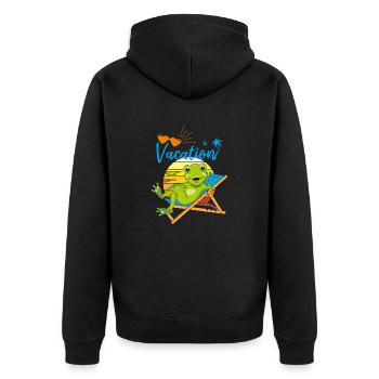 Glücklicher kleiner Frosch entspannt sich auf dem Liegestuhl - Unisex Premium Bio Zip Hoodie - Schwarz - Hinten - Nico (187cm)