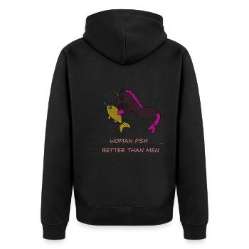 Einhorn Fisch Spruch Lustig - Unisex Premium Bio Zip Hoodie - Schwarz - Hinten - Nico (187cm)