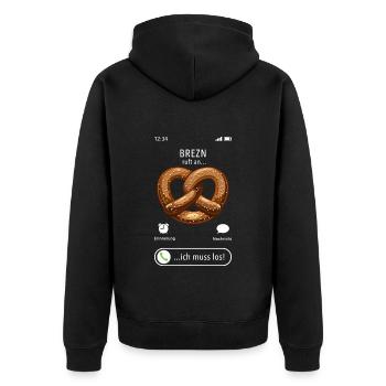 Brezn ruft an - ich muss los - Spruch - Unisex Premium Bio Zip Hoodie - Schwarz - Hinten - Nico (187cm)