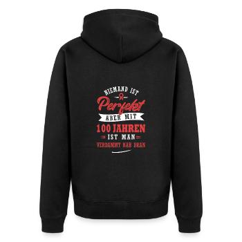 Niemand ist perfekt Funshirt 100 - Unisex Premium Bio Zip Hoodie - Schwarz - Hinten - Nico (187cm)