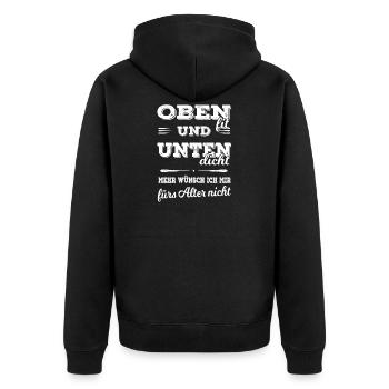 Oben fit und unten dicht Geschenk - Unisex Premium Bio Zip Hoodie - Schwarz - Hinten - Nico (187cm)