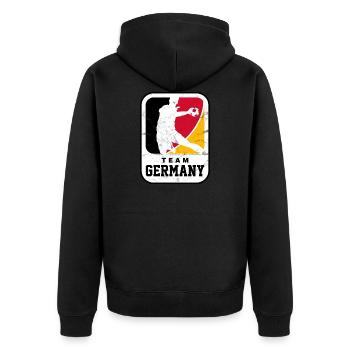 HANDBALL TEAM GERMANY USED LOOK HANDBALL EM - Unisex Premium Bio Zip Hoodie - Schwarz - Hinten - Nico (187cm)